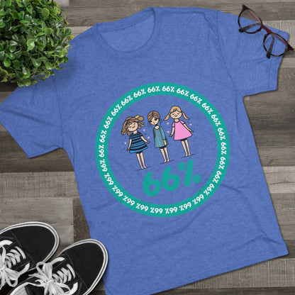 Flat-lay of tri-blend tee with three cartoon girls inside a teal 66% circle and repeating 66% border