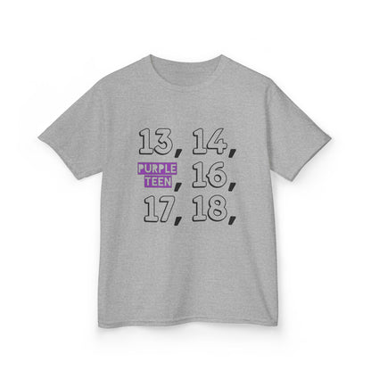 Gray t-shirt with numbers and 'Purple Teen' text on a white background