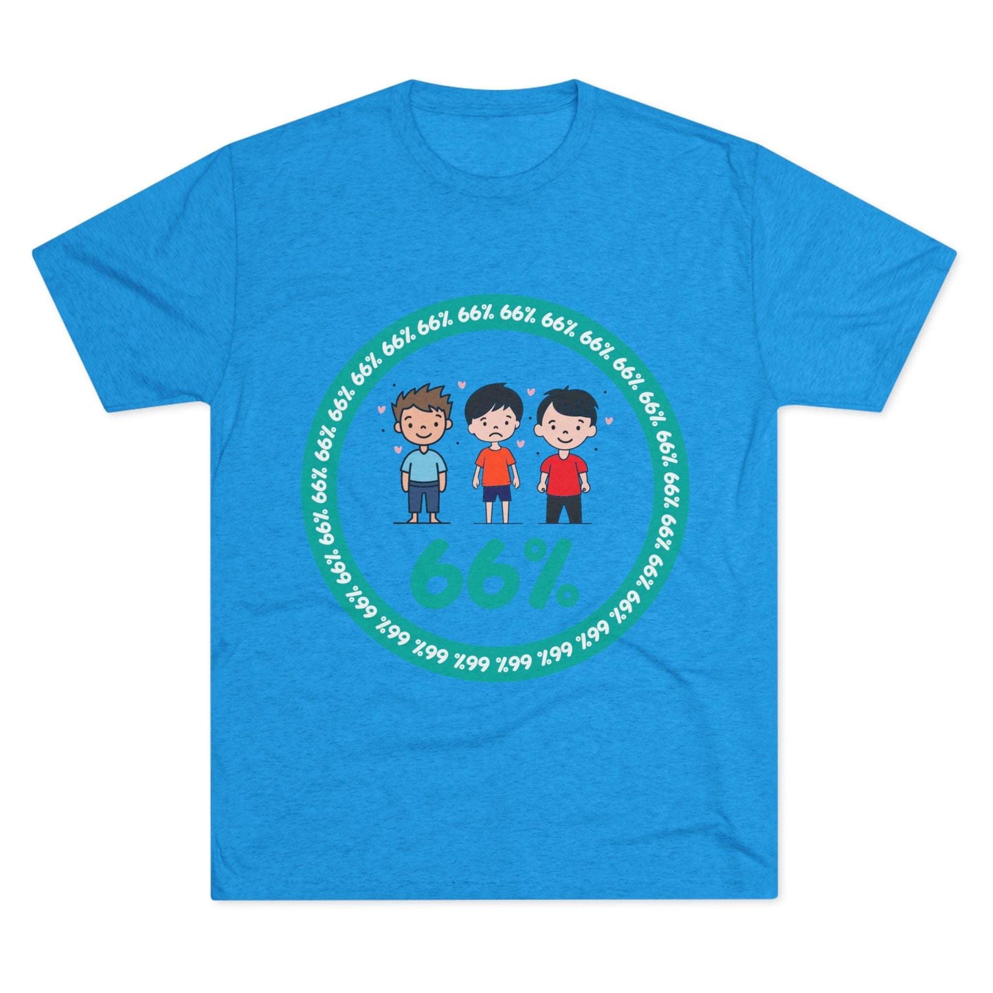 Flat-lay of tri-blend tee with three cartoon boys inside a teal 66% circle and repeating 66% border