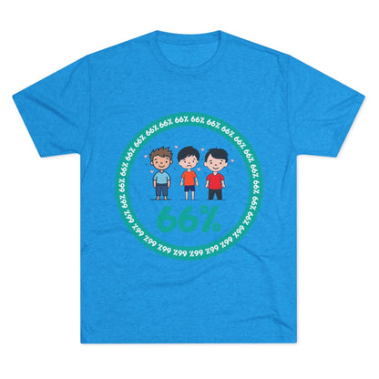 Flat-lay of tri-blend tee with three cartoon boys inside a teal 66% circle and repeating 66% border