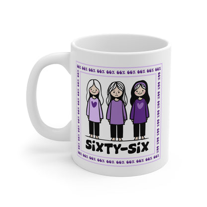 Coffee mug printed with a purple-bordered illustration: three girls in matching purple tops (one looking unhappy), encircled by ‘66%’ text, and the caption ‘SIXTY-SIX’ underneath.
