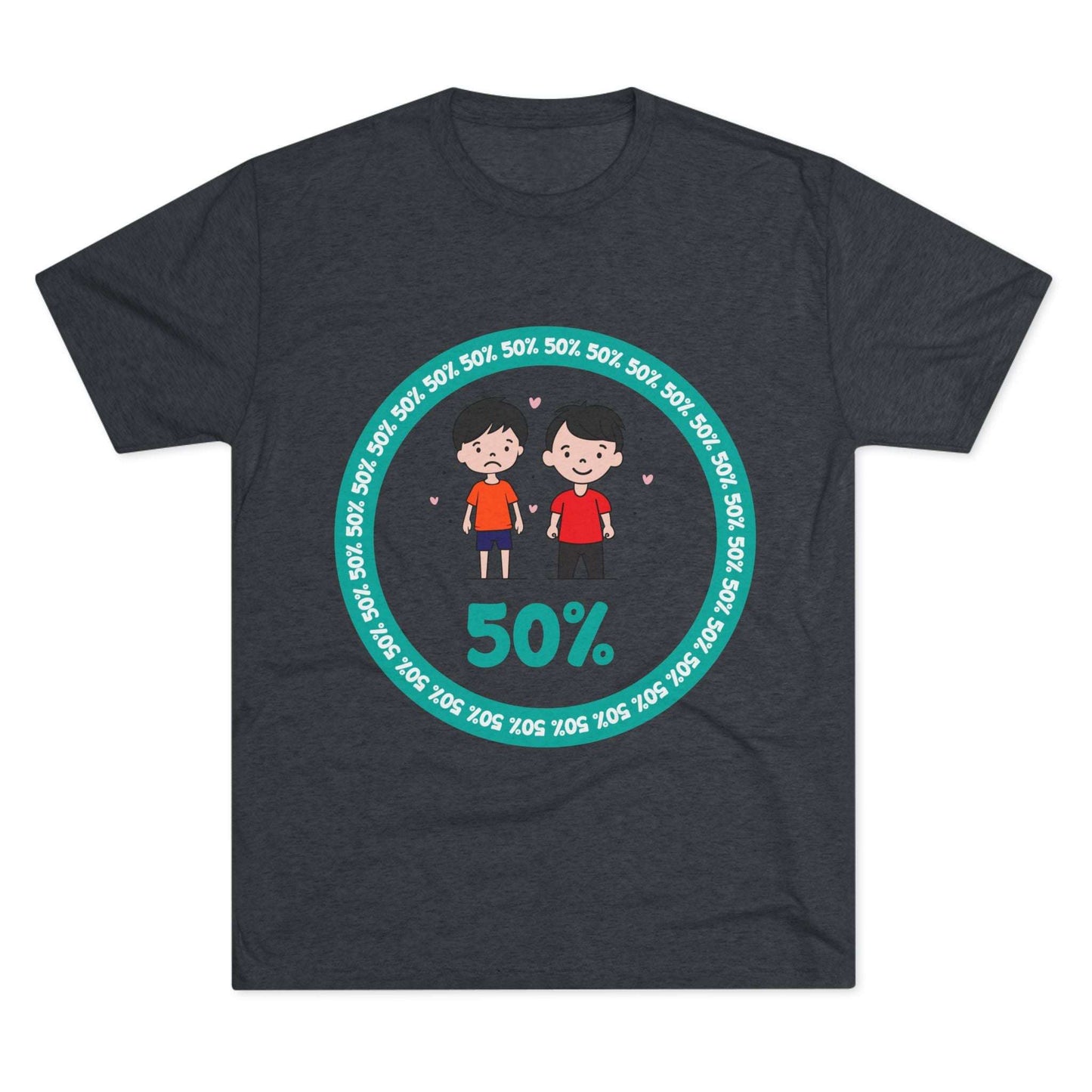 Original Boy Boy 50% Tri-Blend Tee — graphic t-shirt flat-lay, cartoon siblings inside teal 50% circle, repeating 50% pattern, bold 50% text, casual unisex style.