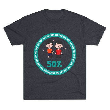 Original Boy Boy 50% Tri-Blend Tee — graphic t-shirt flat-lay, cartoon siblings inside teal 50% circle, repeating 50% pattern, bold 50% text, casual unisex style.
