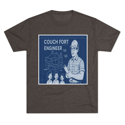 Couch Fort Engineer T-Shirt —Blueprint-style schematic of a couch fort with labeled pillows and blanket, plus a hard-hat dad holding plans.
