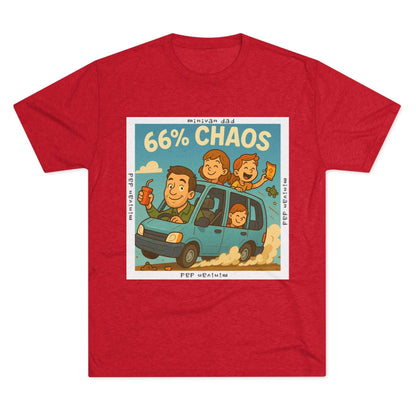 Cartoon dad driving minivan with three excited kids and snacks flying, “66% Chaos” design on dark heather tee – 66 Percent parenting apparel