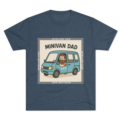 Minivan Dad 66% Tri-Blend Tee — graphic tee flat-lay, cartoon dad driving blue minivan, ‘66%’ decal, gray ‘MINIVAN DAD’ square border, casual unisex style.