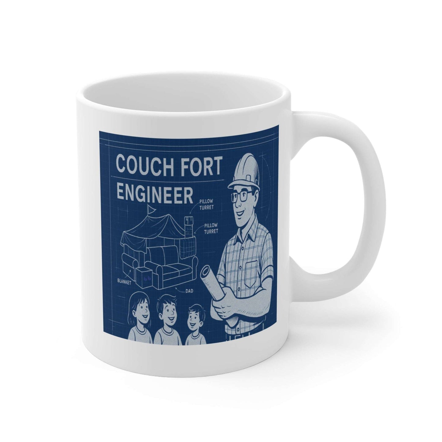 Blueprint-themed mug design reading ‘Couch Fort Engineer,’ depicting a dad wearing safety glasses and hardhat holding a plan, alongside a cutaway diagram of a living-room couch fort and three happy kids.
