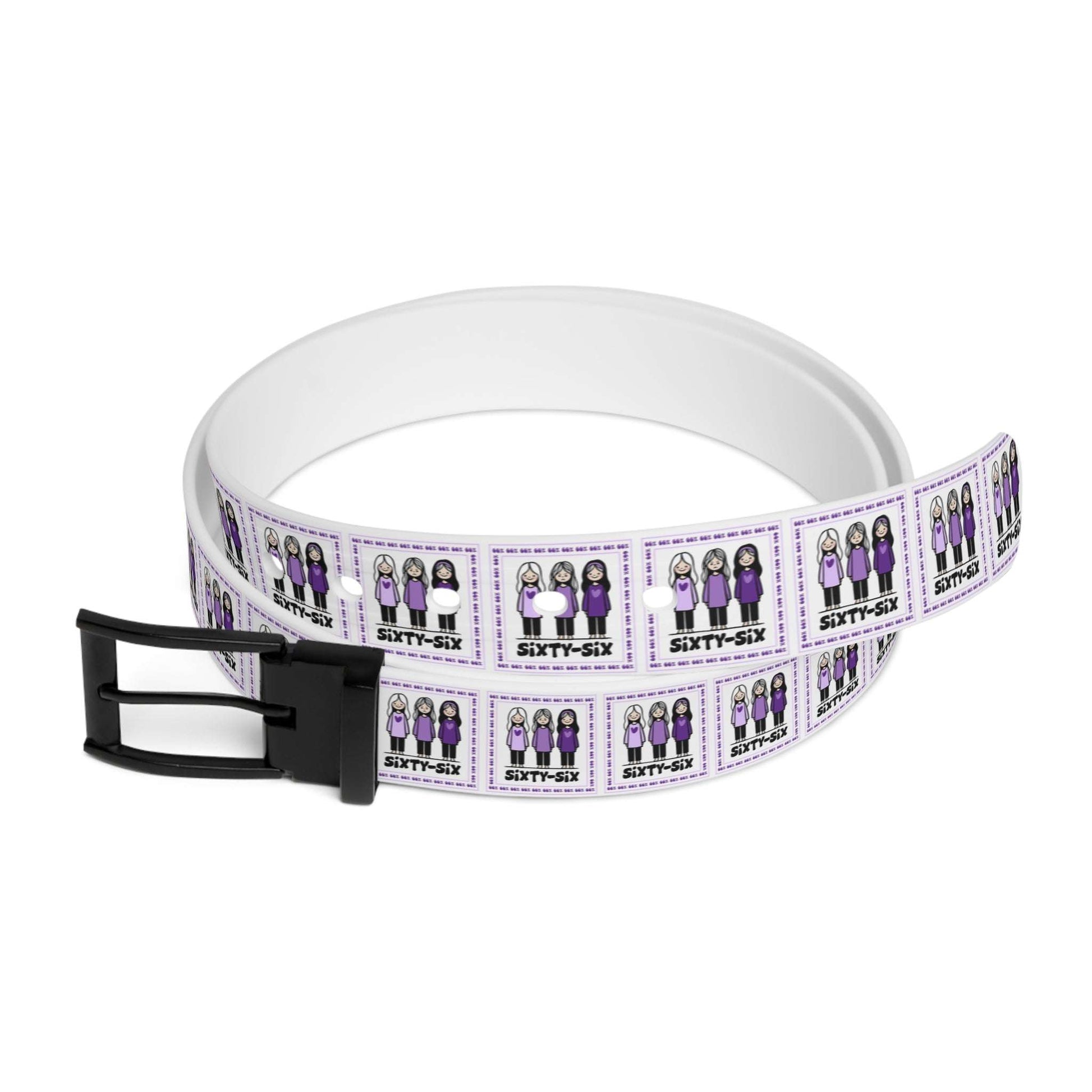 A roll-out belt featuring a pattern of cartoon illustrations: three girls wearing purple dresses inside a bordered square, with ‘Sixty-Six’ printed below each group.