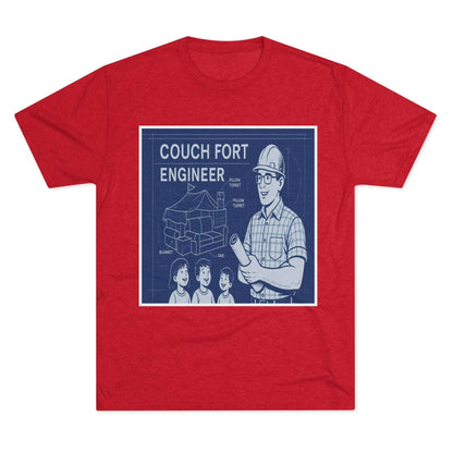 Couch Fort Engineer T-Shirt —Blueprint-style schematic of a couch fort with labeled pillows and blanket, plus a hard-hat dad holding plans.