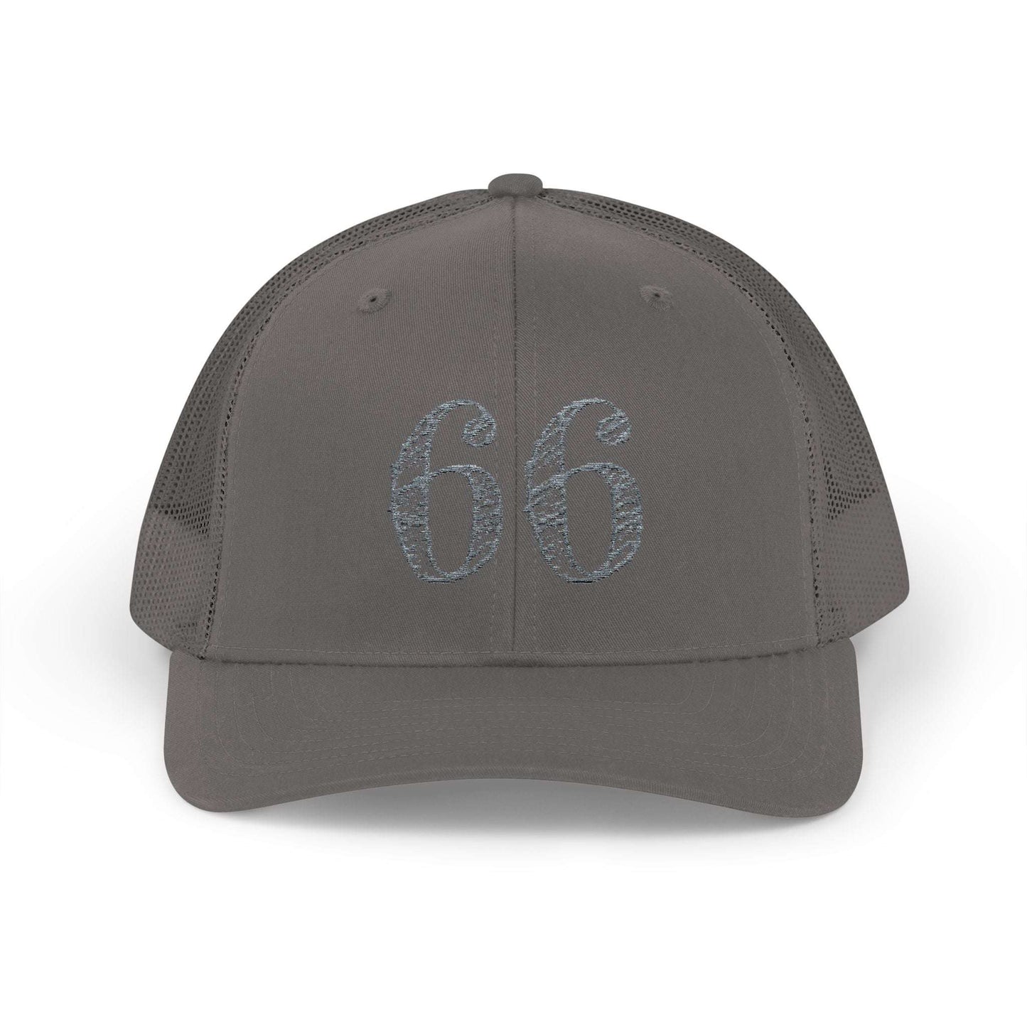 Mesh-back trucker hat with distressed ‘66’ printed on the front panel