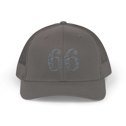 Mesh-back trucker hat with distressed ‘66’ printed on the front panel
