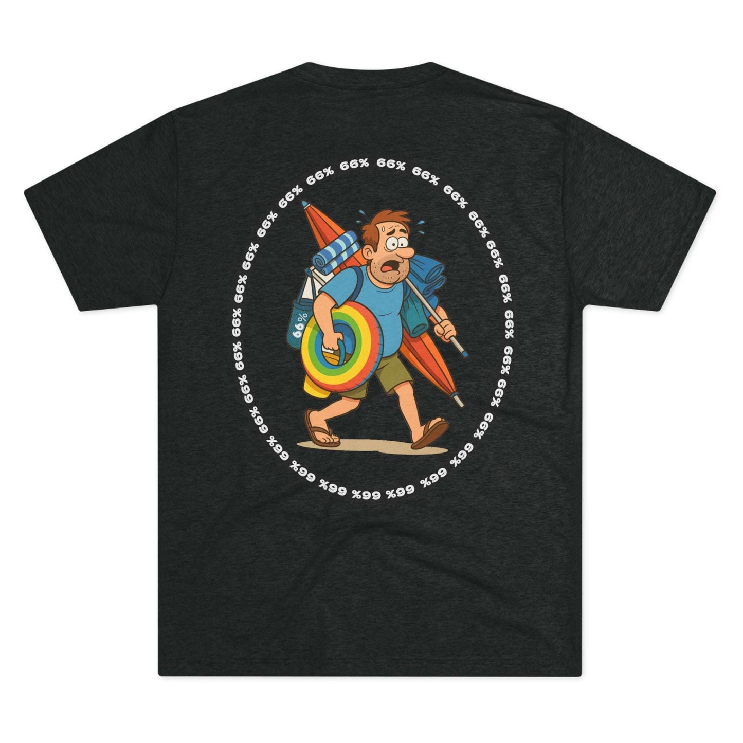 Tri-blend tee featuring large central circular graphic of overwhelmed ‘Beach Dad’ loaded down with chairs, umbrella, floatie and towels, with ‘66% beach dad’ ring