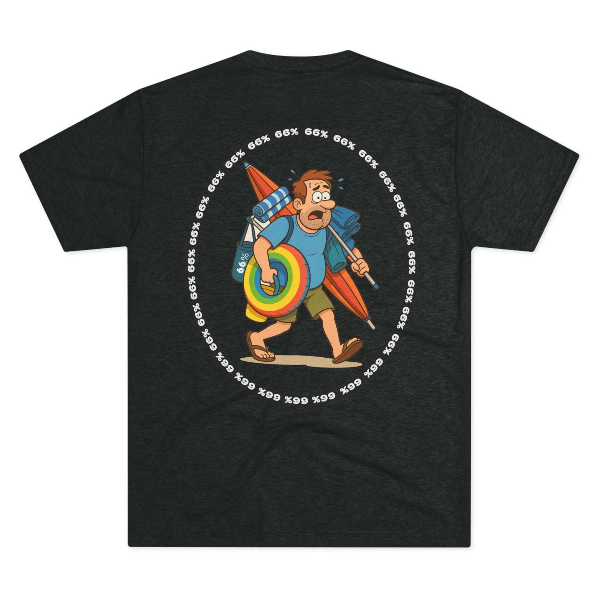Tri-blend tee featuring large central circular graphic of overwhelmed ‘Beach Dad’ loaded down with chairs, umbrella, floatie and towels, with ‘66% beach dad’ ring