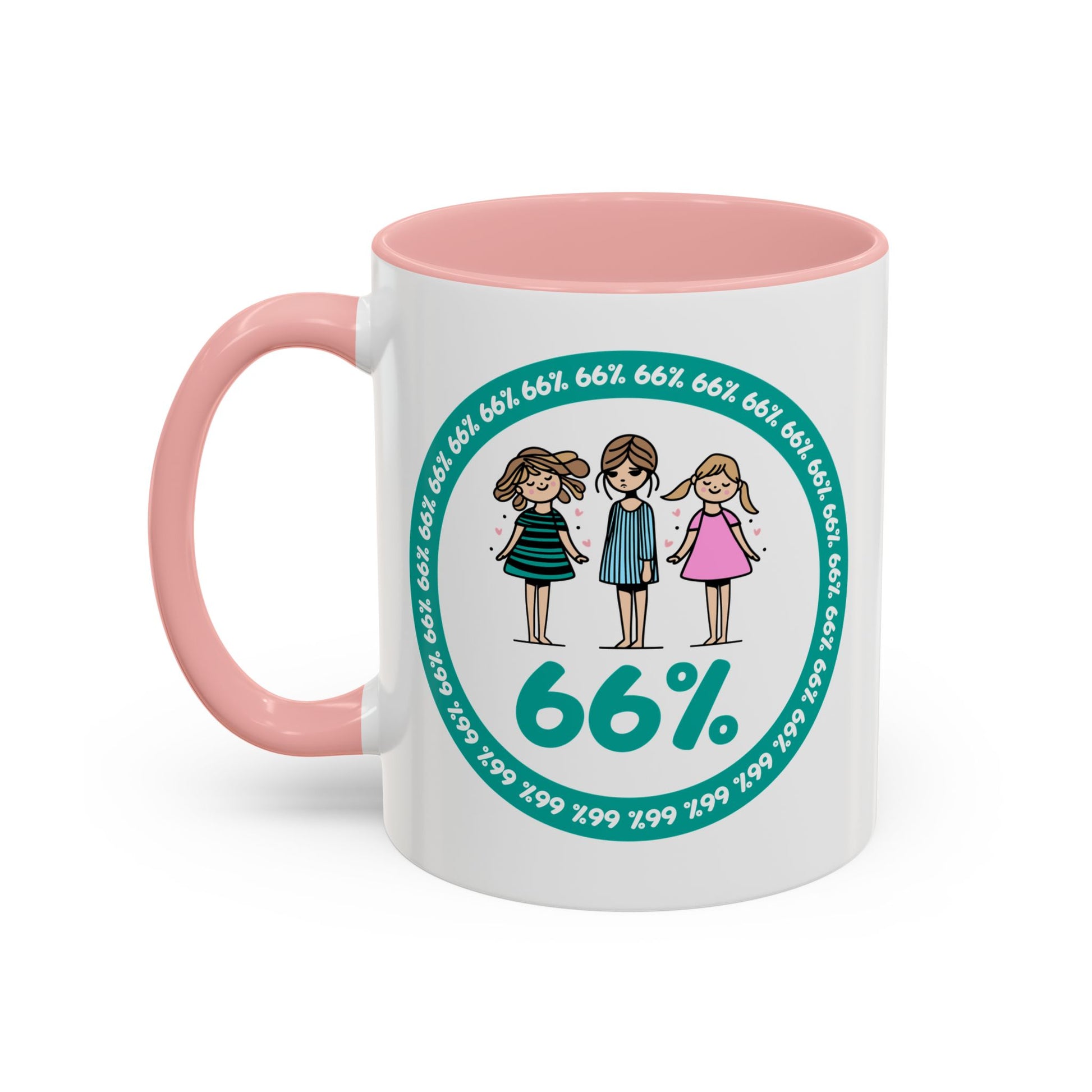 White 66% coffee mug with black handle, featuring three cute daughter illustrations in teal and pink—perfect gift for parents of three kids
