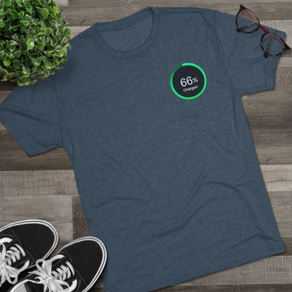 Retro 66% Charged Tri-Blend Tee, showing a vibrant green circular battery gauge reading “66% Charged” 