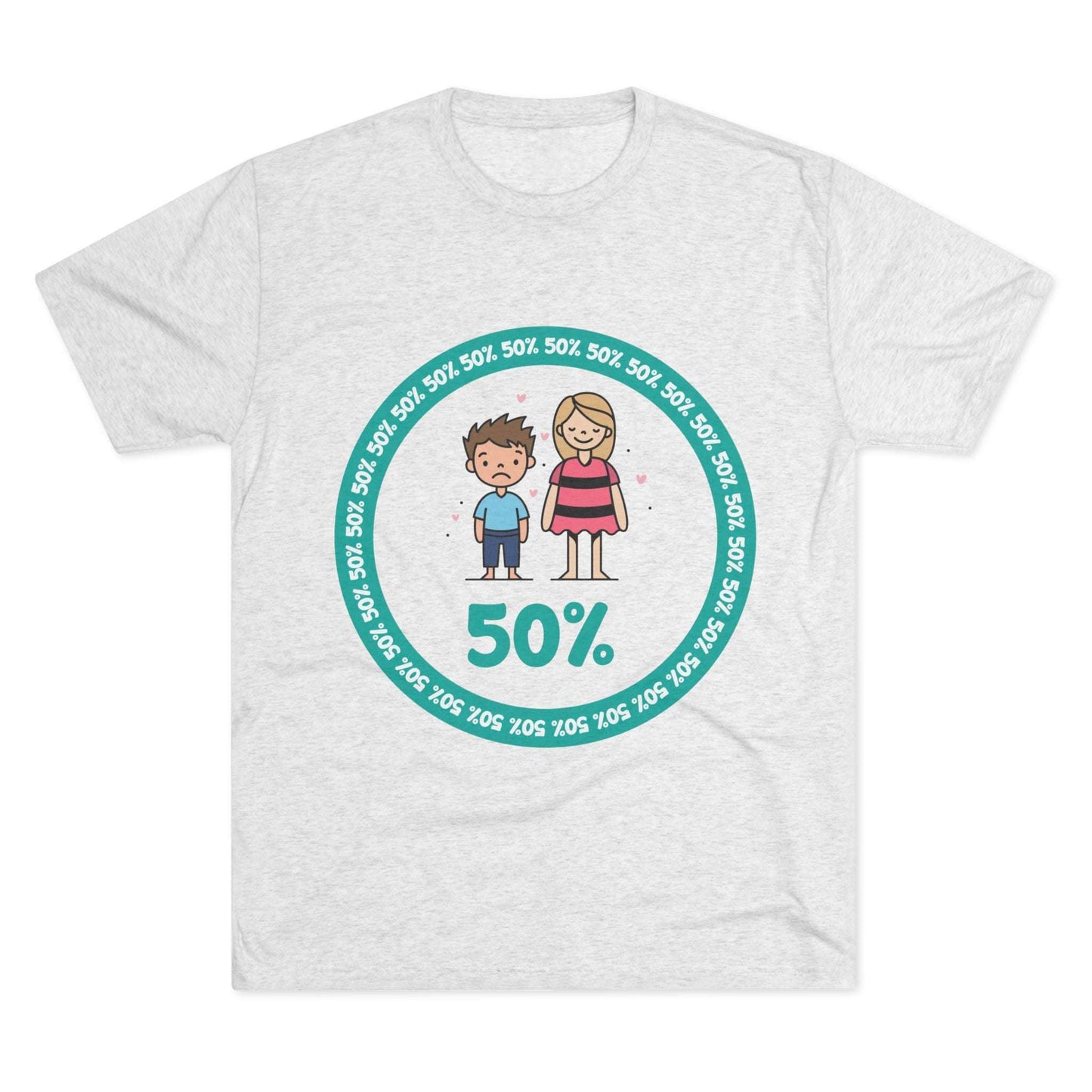 Original Boy Girl 50% Tri-Blend Tee — graphic t-shirt flat-lay, cartoon siblings inside teal 50% circle, repeating 50% pattern, bold 50% text, casual unisex style.