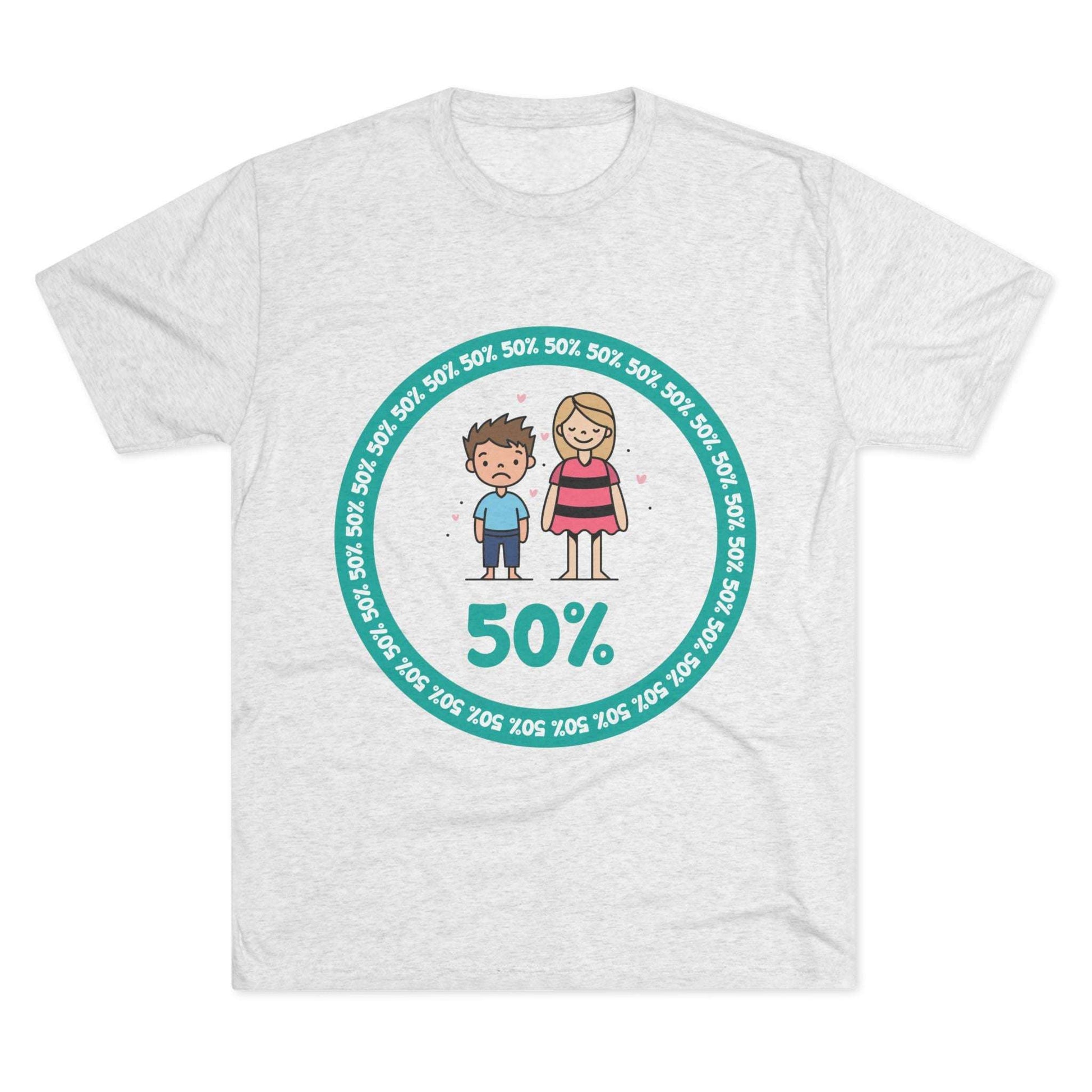 Original Boy Girl 50% Tri-Blend Tee — graphic t-shirt flat-lay, cartoon siblings inside teal 50% circle, repeating 50% pattern, bold 50% text, casual unisex style.