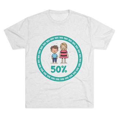 Original Boy Girl 50% Tri-Blend Tee — graphic t-shirt flat-lay, cartoon siblings inside teal 50% circle, repeating 50% pattern, bold 50% text, casual unisex style.