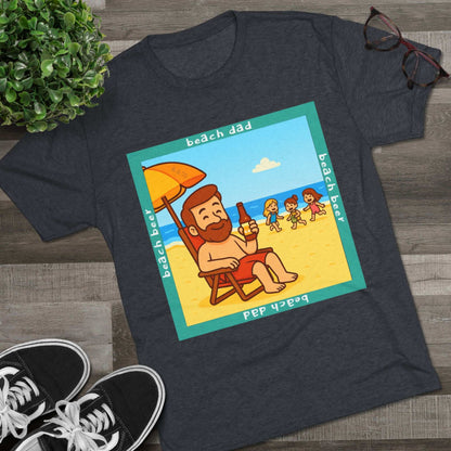 Beach Dad drinking beer on the sand with kids playing – 66% Tri-Blend Tee