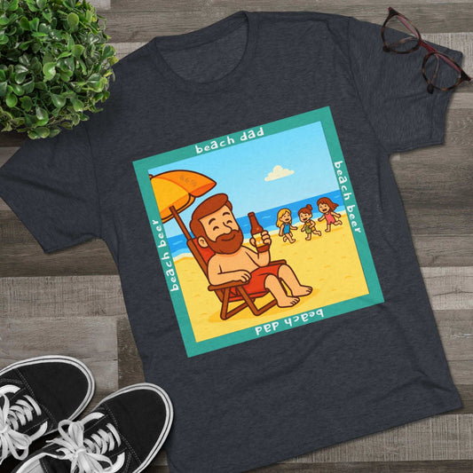 Beach Dad drinking beer on the sand with kids playing – 66% Tri-Blend Tee