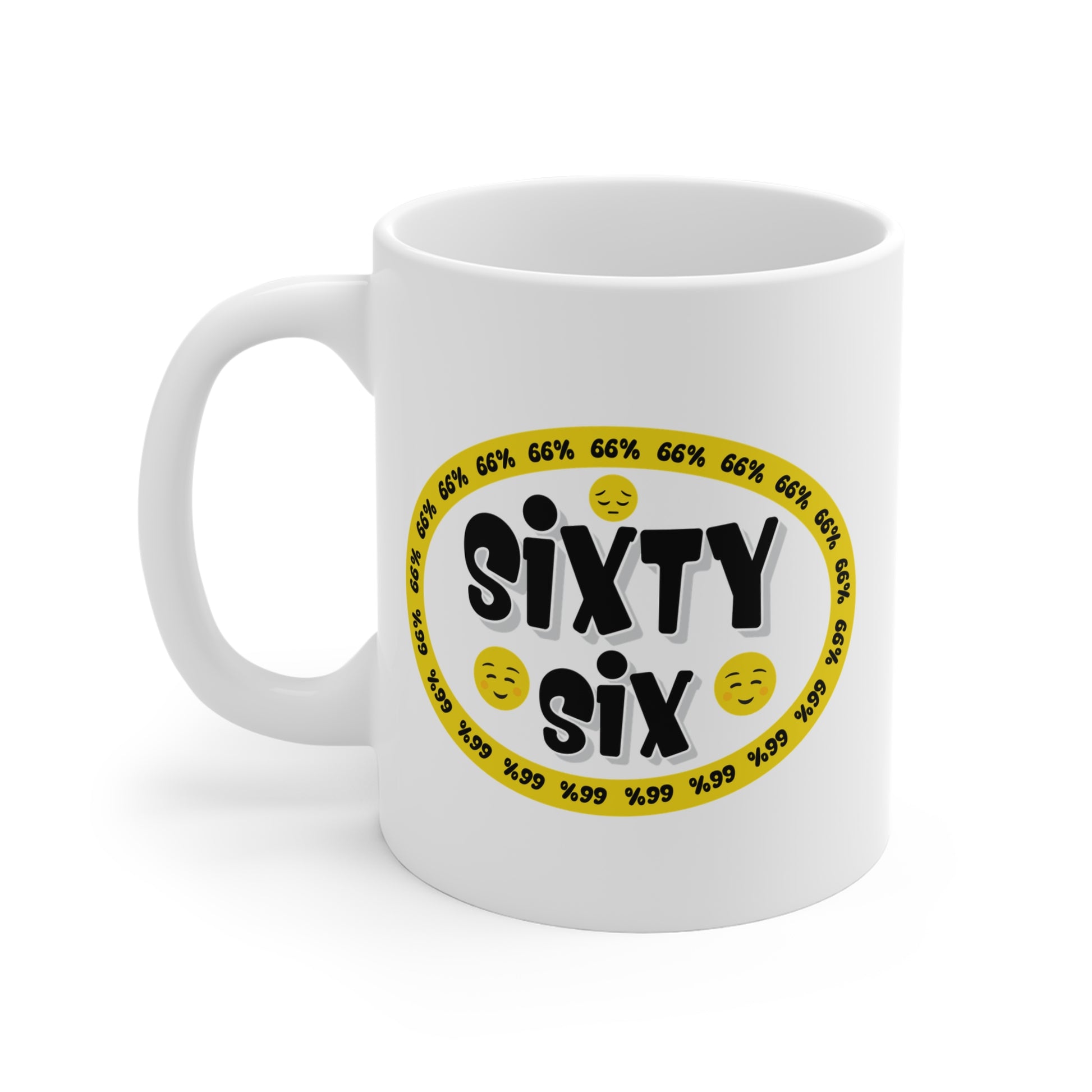 Graphic mug showing ‘Sixty Six’ in bold black type surrounded by a yellow border of small ‘66%’ repeats, with 2 cheerful emoji faces and 1 sad face.