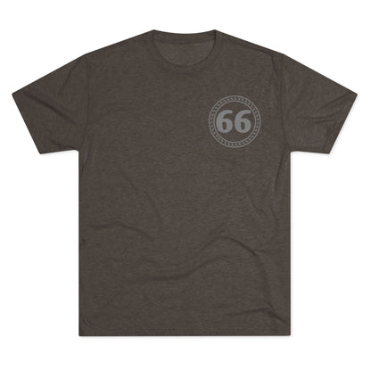 Retro 66% Tri-Blend Tee — flat-lay graphic t-shirt with circular 66 logo, heather blend, casual unisex style