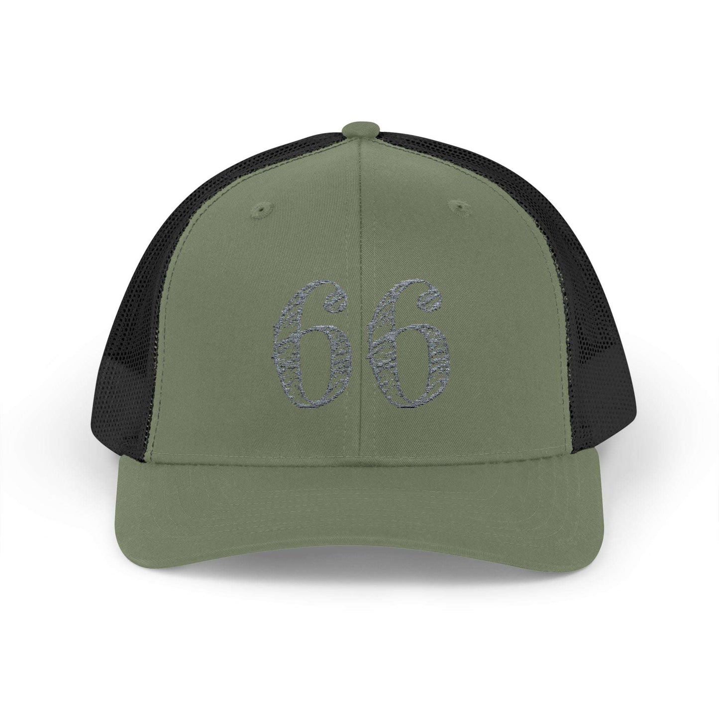 Mesh-back trucker hat with distressed ‘66’ printed on the front panel