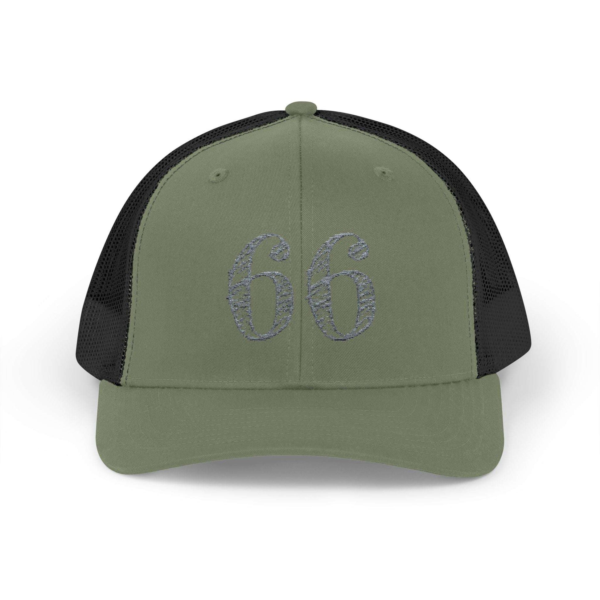 Mesh-back trucker hat with distressed ‘66’ printed on the front panel