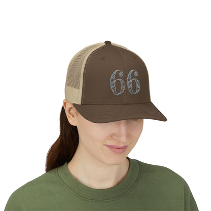 Mesh-back trucker hat with distressed ‘66’ printed on the front panel