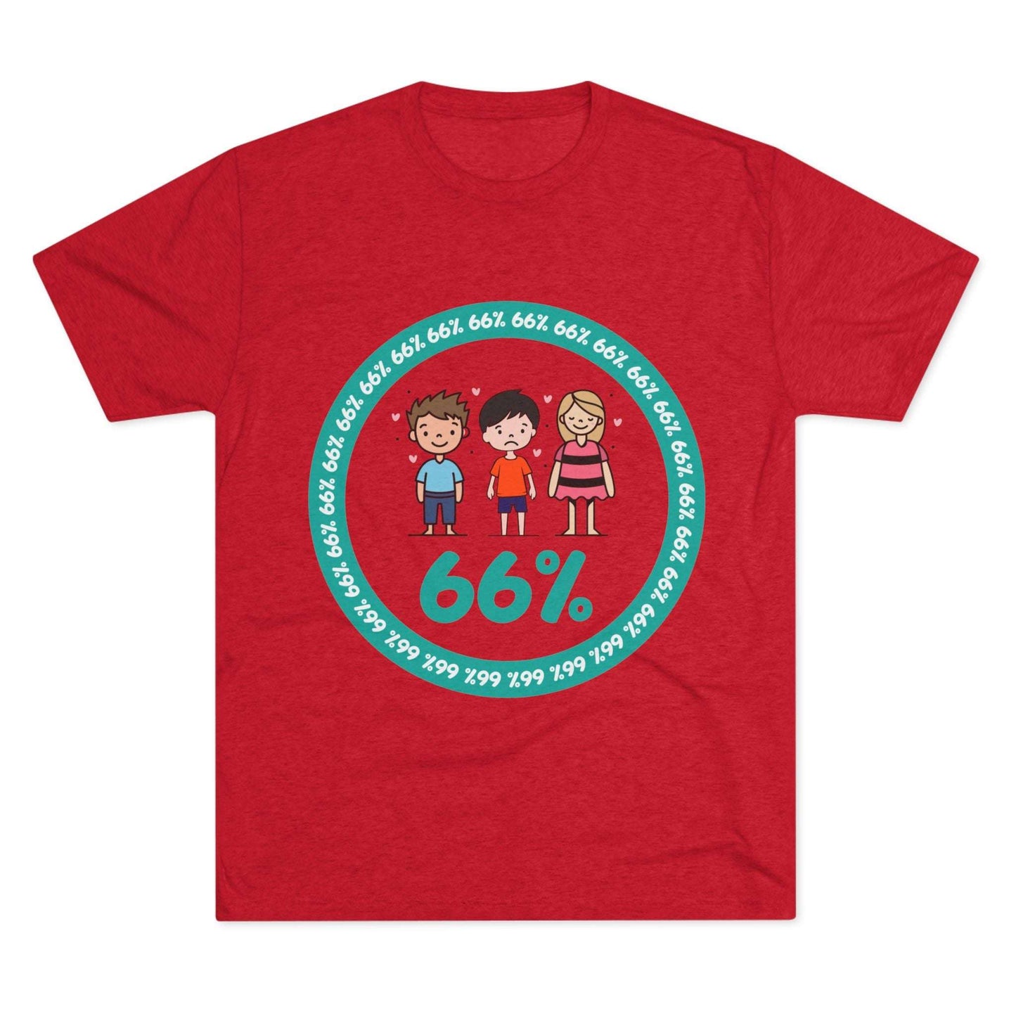 Flat-lay of tri-blend tee with two cartoon boys and one girl inside a teal 66% circle and repeating 66% border