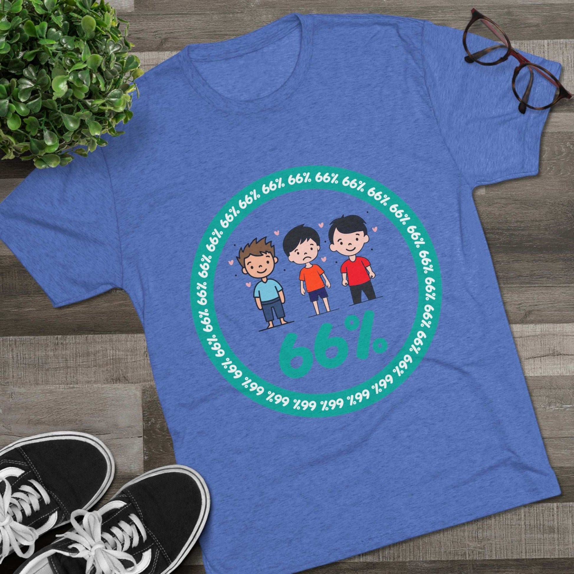 Flat-lay of tri-blend tee with three cartoon boys inside a teal 66% circle and repeating 66% border