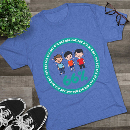 Flat-lay of tri-blend tee with three cartoon boys inside a teal 66% circle and repeating 66% border