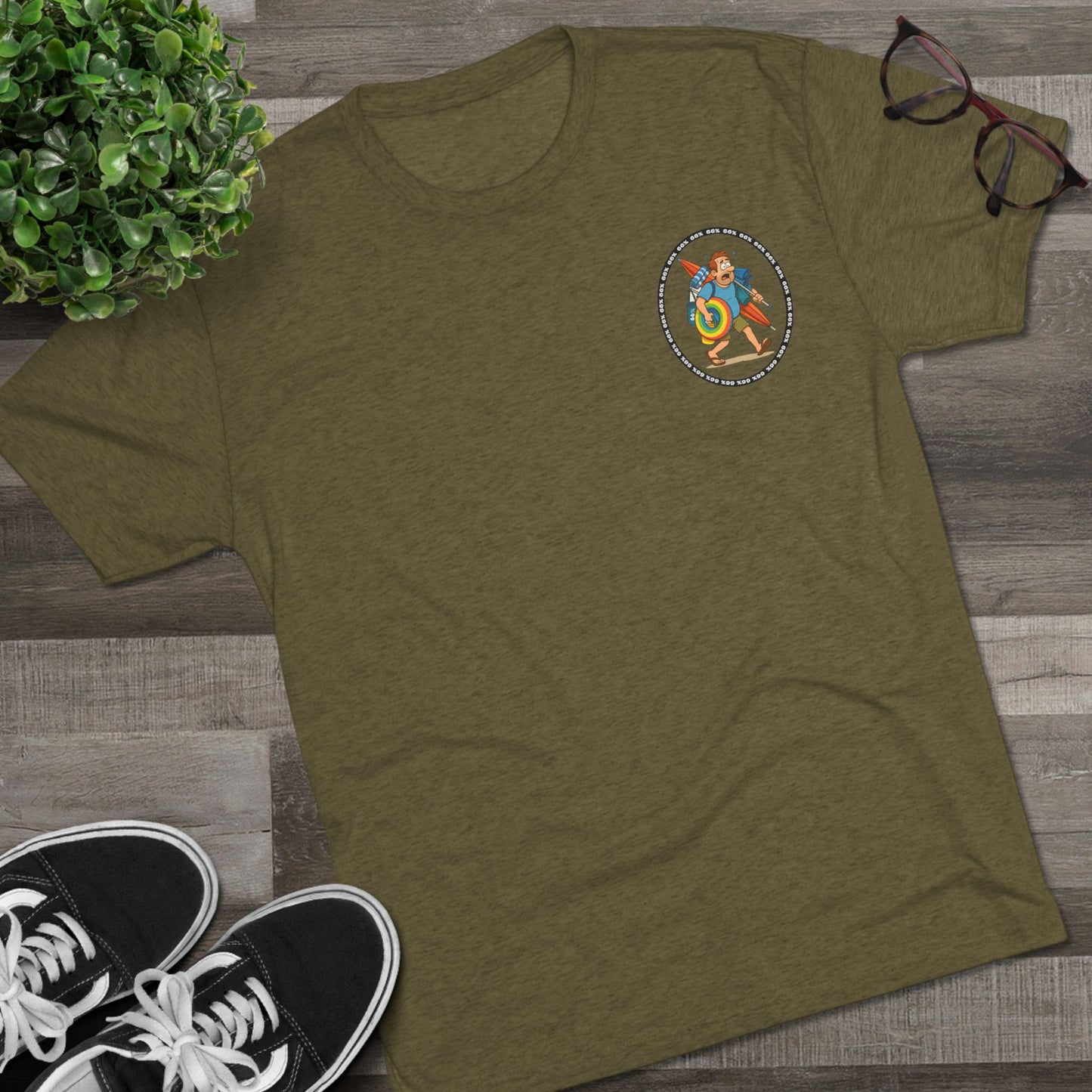 Tri-blend tee featuring large central circular graphic of overwhelmed ‘Beach Dad’ loaded down with chairs, umbrella, floatie and towels, with ‘66% beach dad’ ring