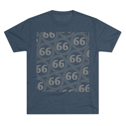 Retro 66% Pattern Tee— tri-blend graphic t-shirt flat-lay, repeating 66 circle pattern, casual vintage style.