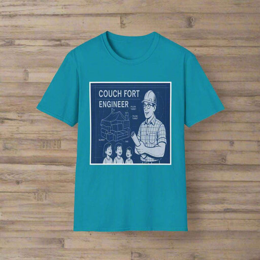Teal t-shirt with 'Couch Fort Engineer' graphic on a white background