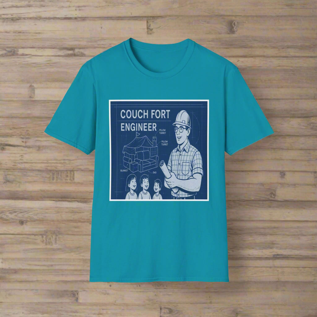 Teal t-shirt with 'Couch Fort Engineer' graphic on a white background