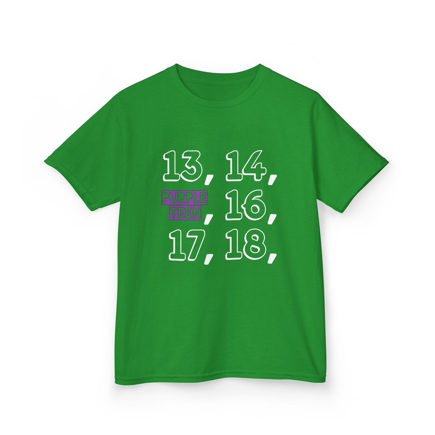 Green t-shirt with numbers printed on a white background