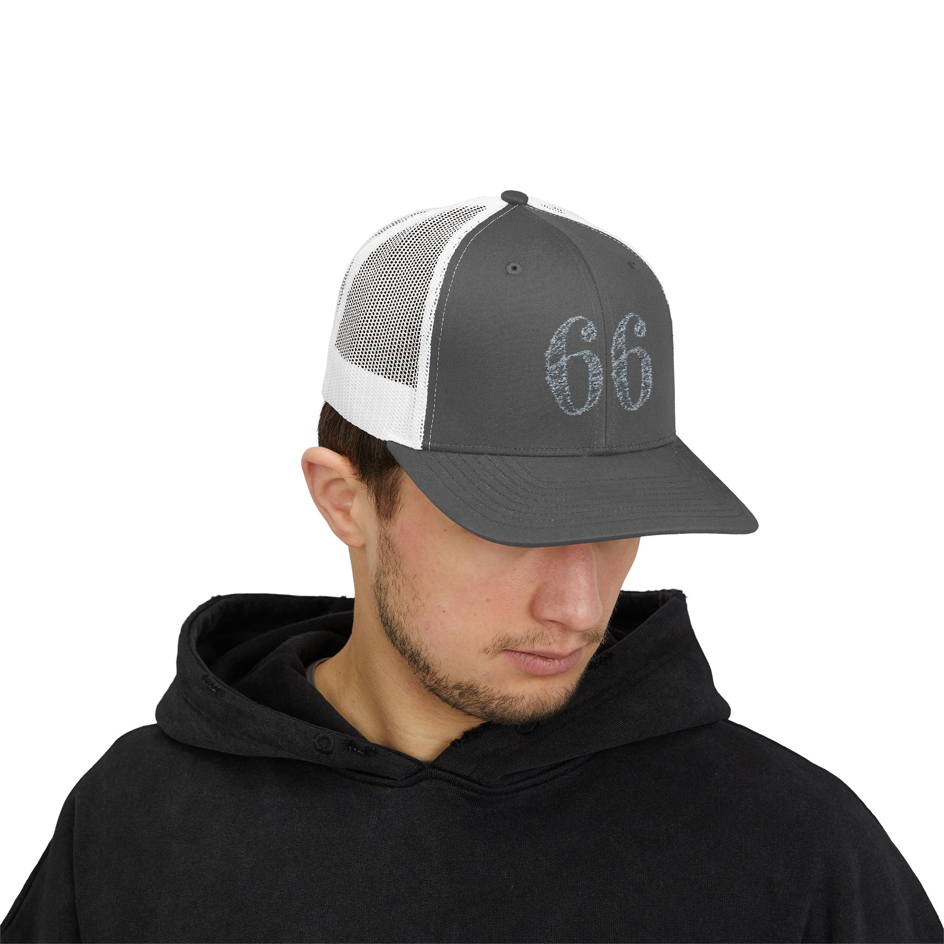 Mesh-back trucker hat with distressed ‘66’ printed on the front panel