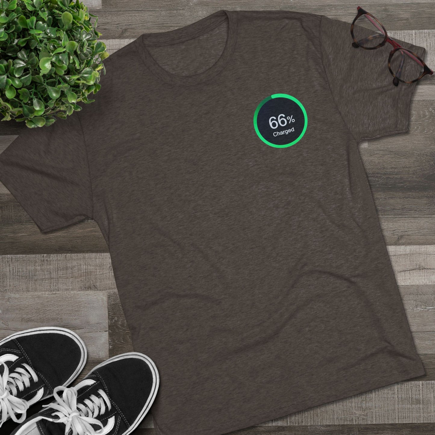 Retro 66% Charged Tri-Blend Tee, showing a vibrant green circular battery gauge reading “66% Charged”