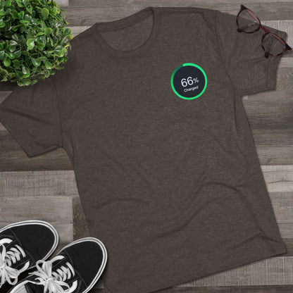 Retro 66% Charged Tri-Blend Tee, showing a vibrant green circular battery gauge reading “66% Charged”