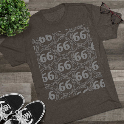 Retro 66% Pattern Tee— tri-blend graphic t-shirt flat-lay, repeating 66 circle pattern, casual vintage style.