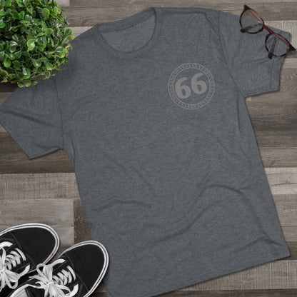 Retro 66% Tri-Blend Tee — flat-lay graphic t-shirt with circular 66 logo, heather blend, casual unisex style