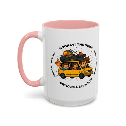 Cartoon yellow “66%” minivan mug decal with roof piled high in trash bags, lawnmower and beach ball, plus a smiling dad and two waving daughters amid confetti.