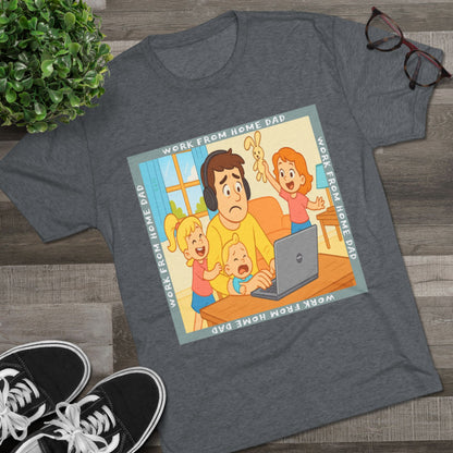 Work From Home Dad 66% Tri-Blend Tee — graphic tee flat-lay, cartoon dad with headphones typing on 66% laptop, three kids demanding attention, green WORK FROM HOME DAD square border, casual unisex style.
