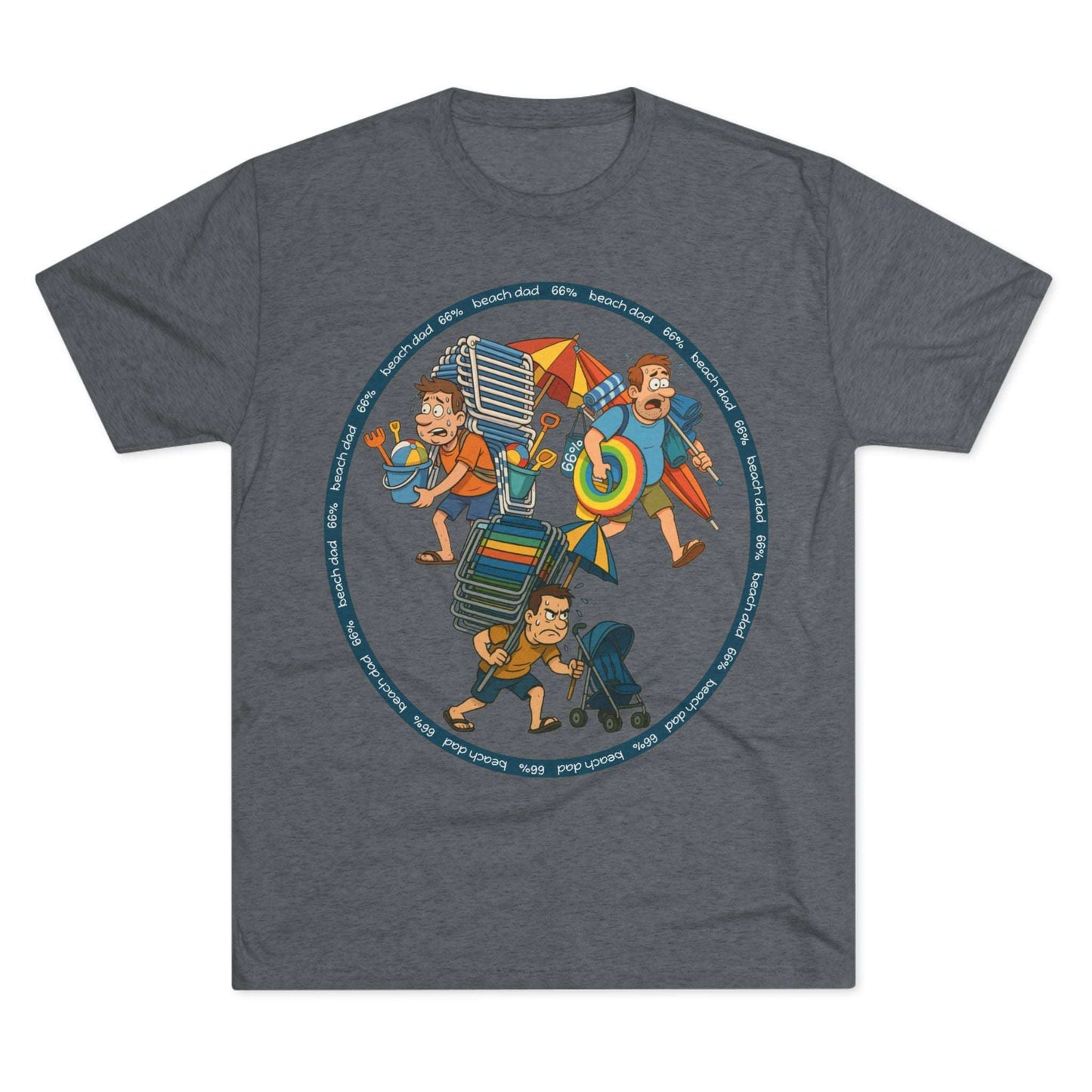 Cartoon dad overloaded with beach gear in three chaotic poses, “Beach Dad 66%” design on bright blue tri-blend tee – funny parenting shirt by 66 Percent