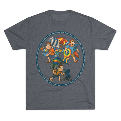 Cartoon dad overloaded with beach gear in three chaotic poses, “Beach Dad 66%” design on bright blue tri-blend tee – funny parenting shirt by 66 Percent