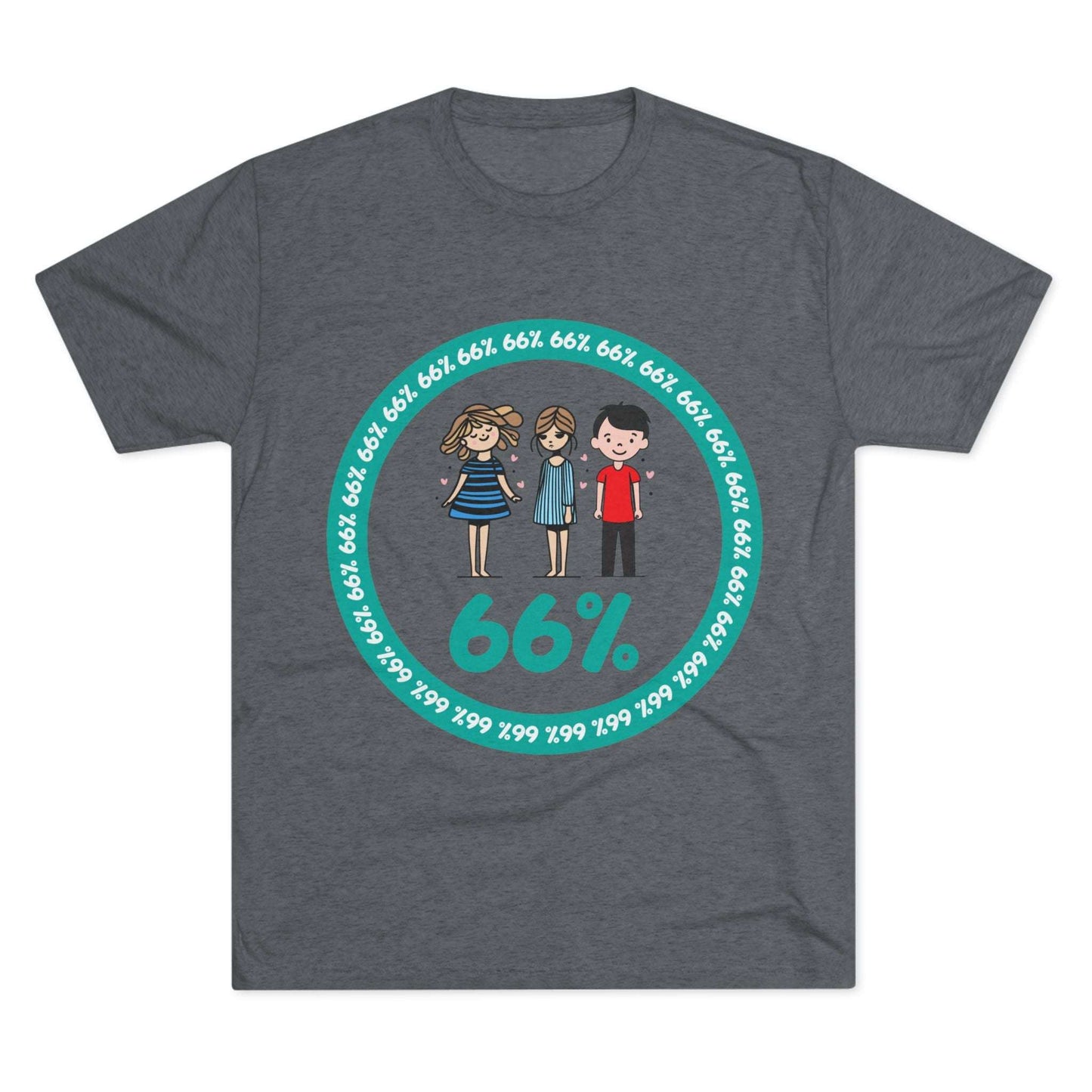 Flat-lay of tri-blend tee with two cartoon girls and one boy inside a teal 66% circle and repeating 66% border