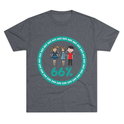 Flat-lay of tri-blend tee with two cartoon girls and one boy inside a teal 66% circle and repeating 66% border