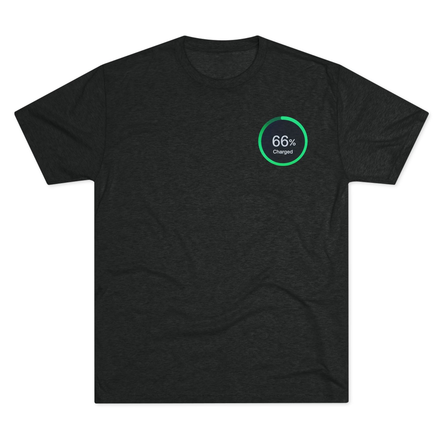 Retro 66% Charged Tri-Blend Tee, showing a vibrant green circular battery gauge reading “66% Charged” 