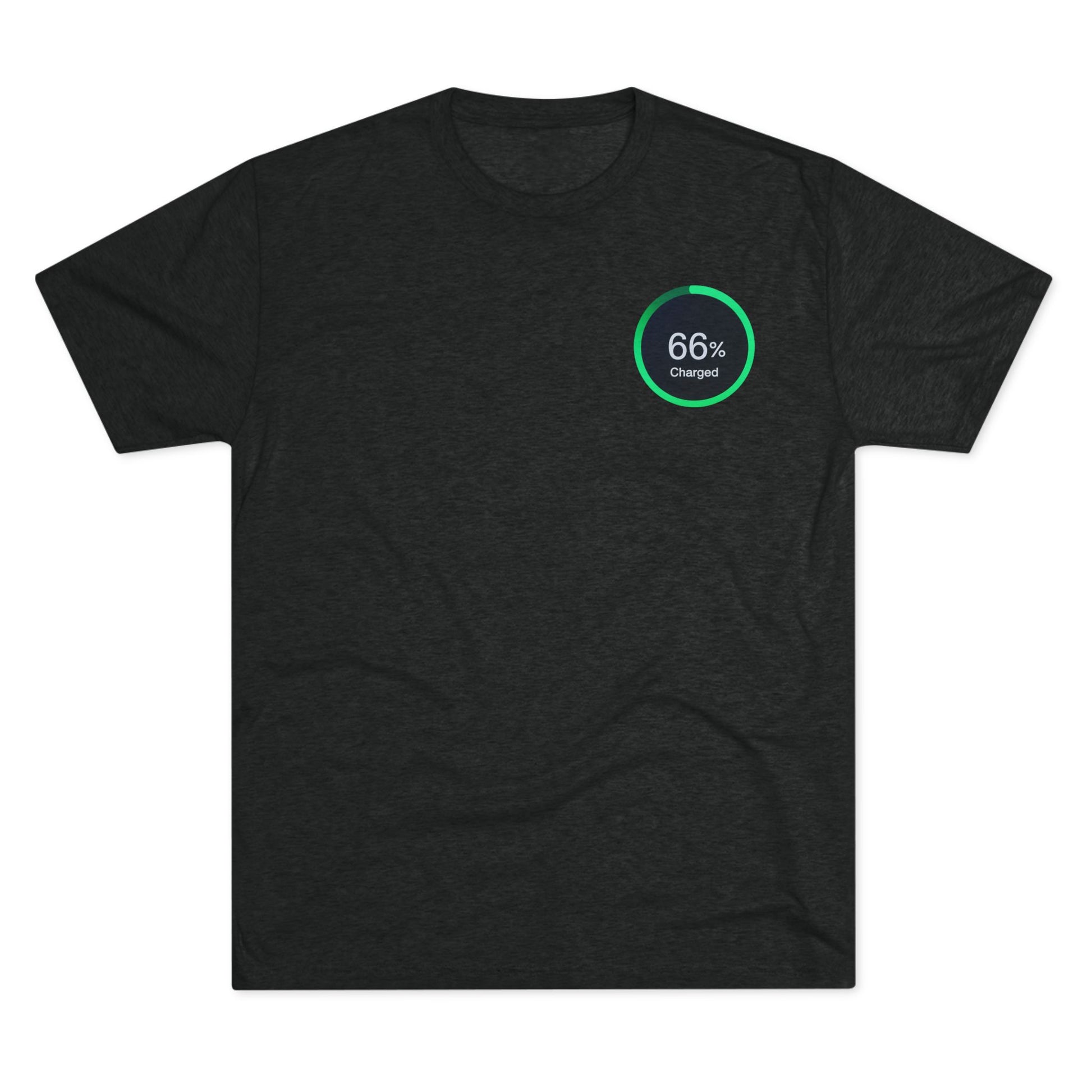 Retro 66% Charged Tri-Blend Tee, showing a vibrant green circular battery gauge reading “66% Charged” 